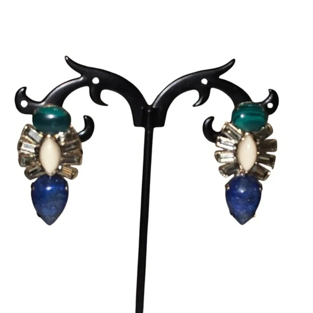 J‎ Crew Blue Green Cream Geometric Statement Drop Earrings Gold Baguette Crystal